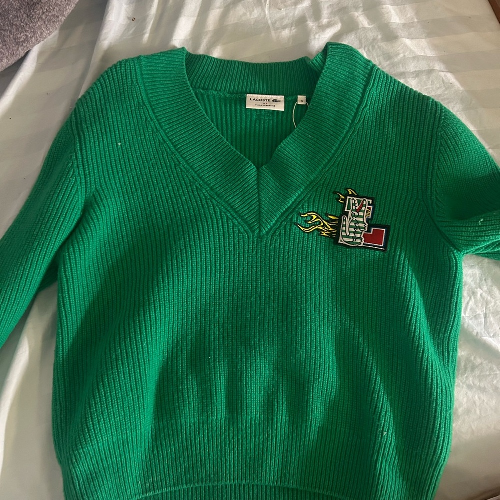 Green V-Neck Sweater with Patch